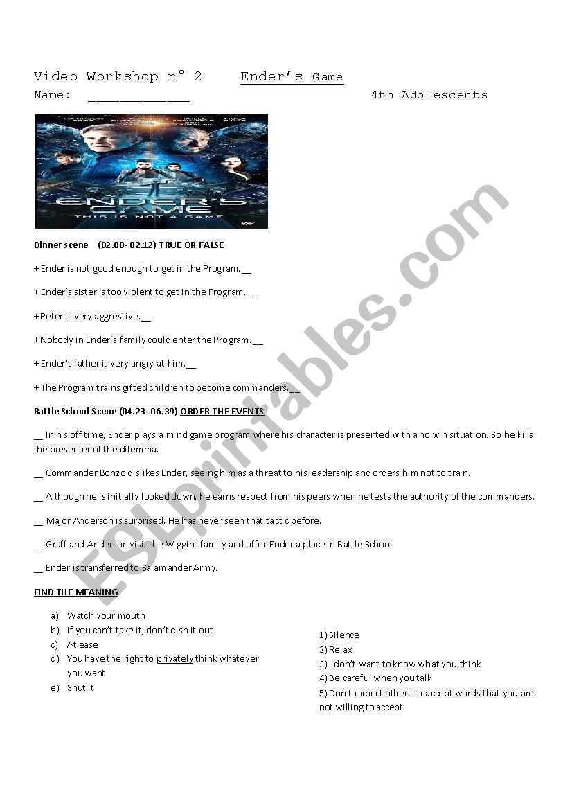 Ender`s game activity worksheet